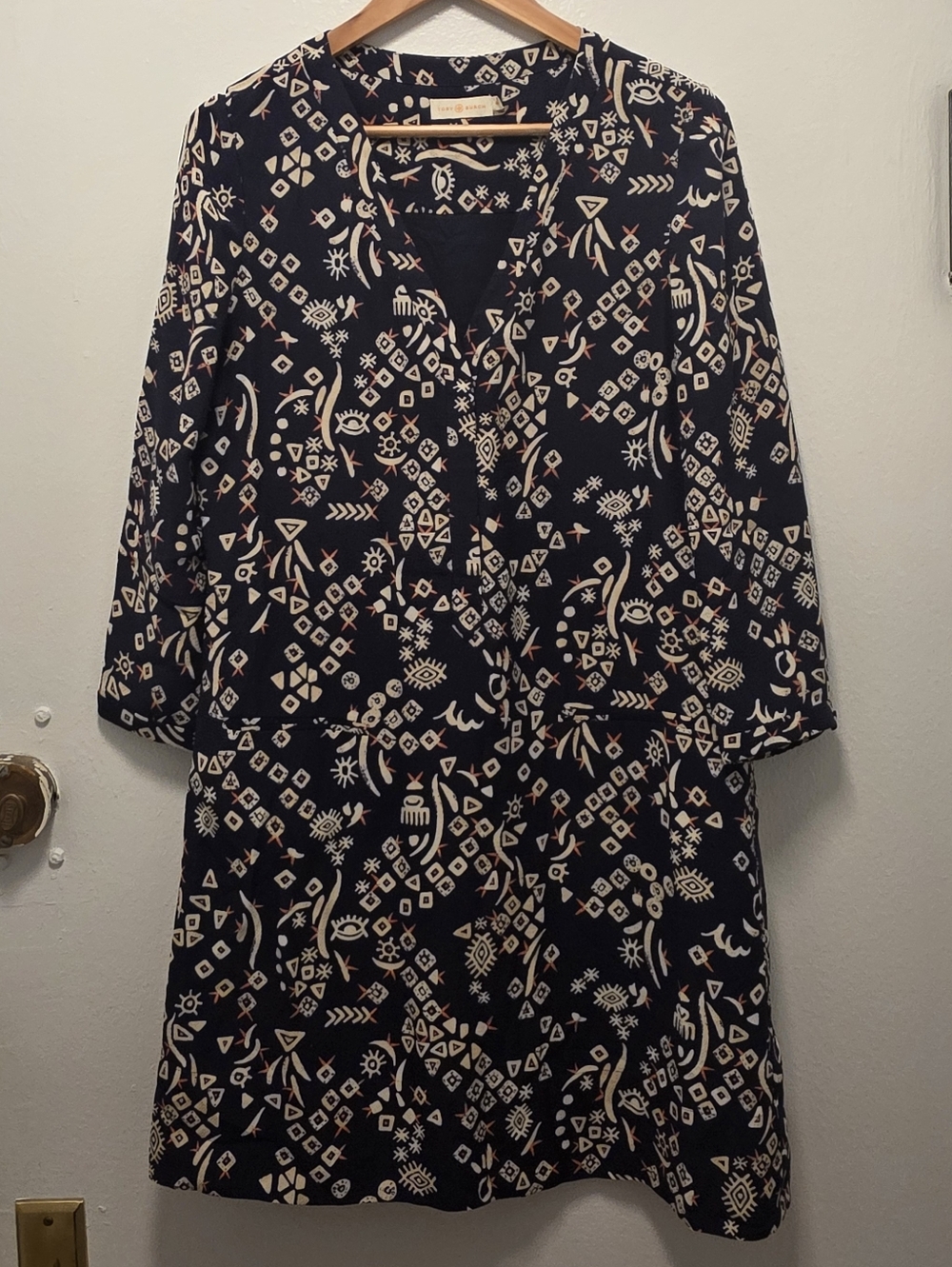 Tory Burch Navy and Cream Printed Long-Sleeve Dress
